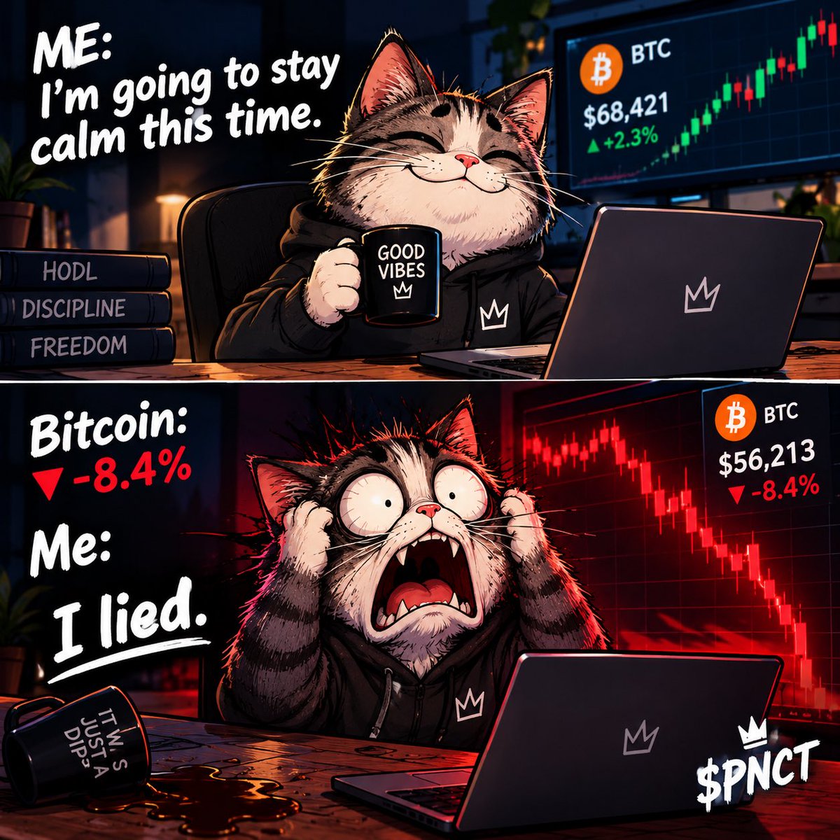 PanicCatPNCT's tweet photo. Me: I’m going to stay calm this time .

Bitcoin:📉

Me:

🐱 I lied.

$PNCT https://t.co/b2VHntJe6h