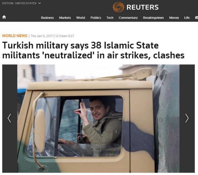 FiiTarih's tweet photo. Reuters, Fırat Kalkanı harekatında dünyaya Türk askerini "Bozkurt" yaparken servis etmişti.

Zeytin Dalı Harekatı'nı da aynı selamla servis etmişti.

Gurur bu olsa gerek; 
2200 yıl önce savaş meydanına Kurt başlı sancak diken ordu, ne mutlu ki yine aynı Türk ordusu.. https://t.co/RVrdA358i6