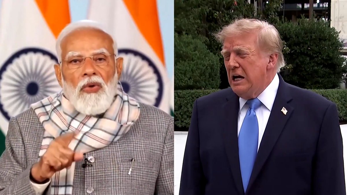 A split-screen image shows Indian Prime Minister Narendra Modi speaking on the left with Indian flags in the background, alongside former US President Donald Trump addressing reporters outdoors on the right. The image accompanies news that bilateral trade negotiations between India and the United States have stalled, illustrating the two key figures involved in the ongoing trade discussions.