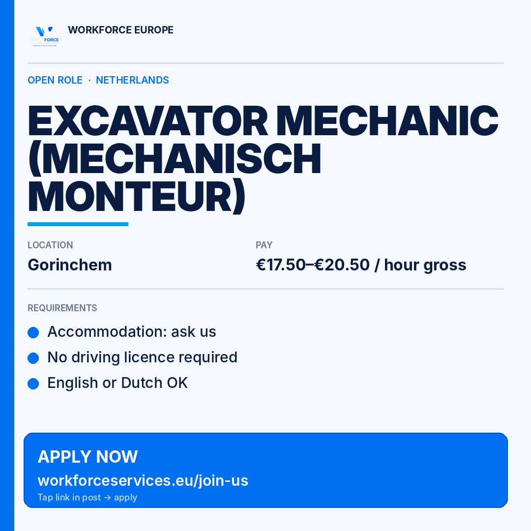 WorkforceEU's tweet photo. New vacancy — Netherlands

Excavator Mechanic (Mechanisch monteur)
📍 Gorinchem · €17.50–€20.50 / hour gross
🏠 Accommodation: ask us
🚗 No driving licence required
🗣 English or Dutch OK

Send your CV → https://t.co/Zx8c0oiQcp

#Nederland #Werk #Logistics #Construction https://t.co/ezGn1IP4gQ
