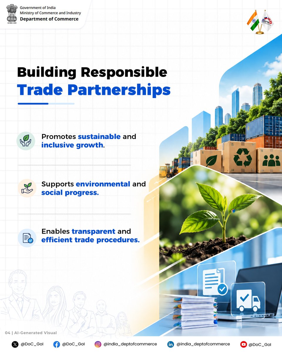 DoC_GoI's tweet photo. India–EFTA TEPA strengthens the partnership beyond goods trade, opening new avenues for services, professional mobility, innovation and sustainable development.

The agreement creates a framework for deeper economic cooperation while supporting transparency, inclusive growth and long-term opportunities for businesses and professionals.

#1YearOfIndiaEFTA #IndiaEFTA @PIB_India @RajeshAgrawal94