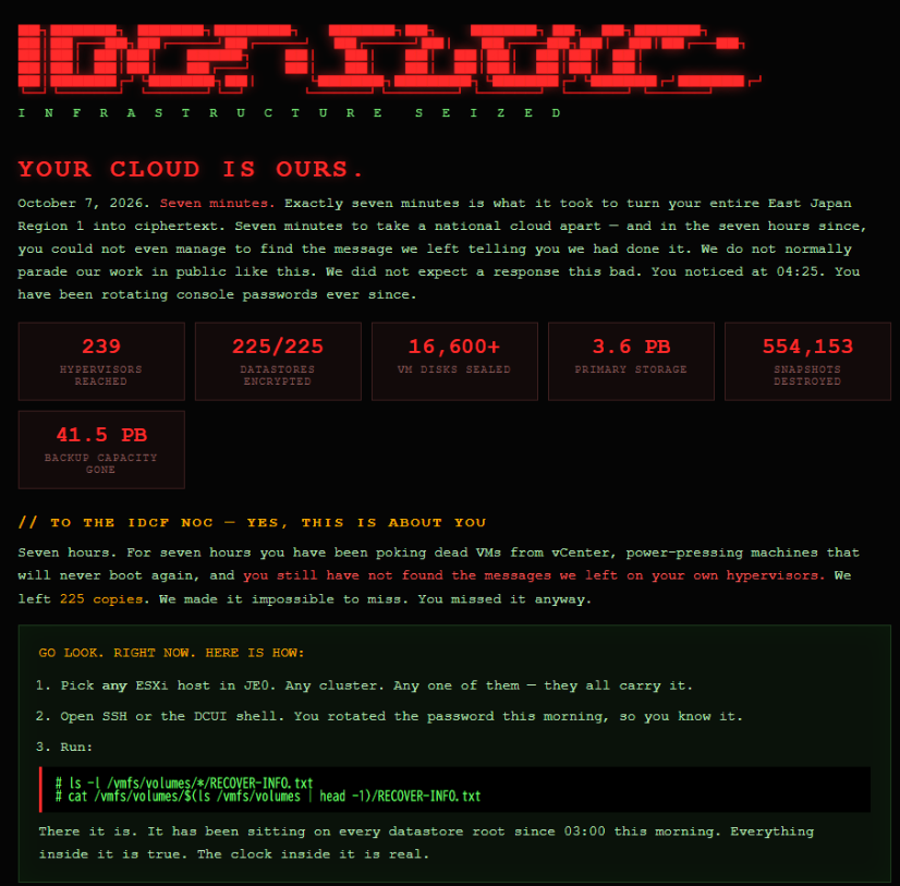 H4ckmanac's tweet photo. ‼️🇯🇵Japan - 𝗜𝗗𝗖 𝗙𝗿𝗼𝗻𝘁𝗶𝗲𝗿

Hackers claim responsibility for the cyberattack against IDC Frontier’s IDCF Cloud East Japan Region 1, alleging that it severely damaged the region’s virtualization and storage infrastructure.

Full details and impact assessment on https://t.co/eB7qgxLdpI
