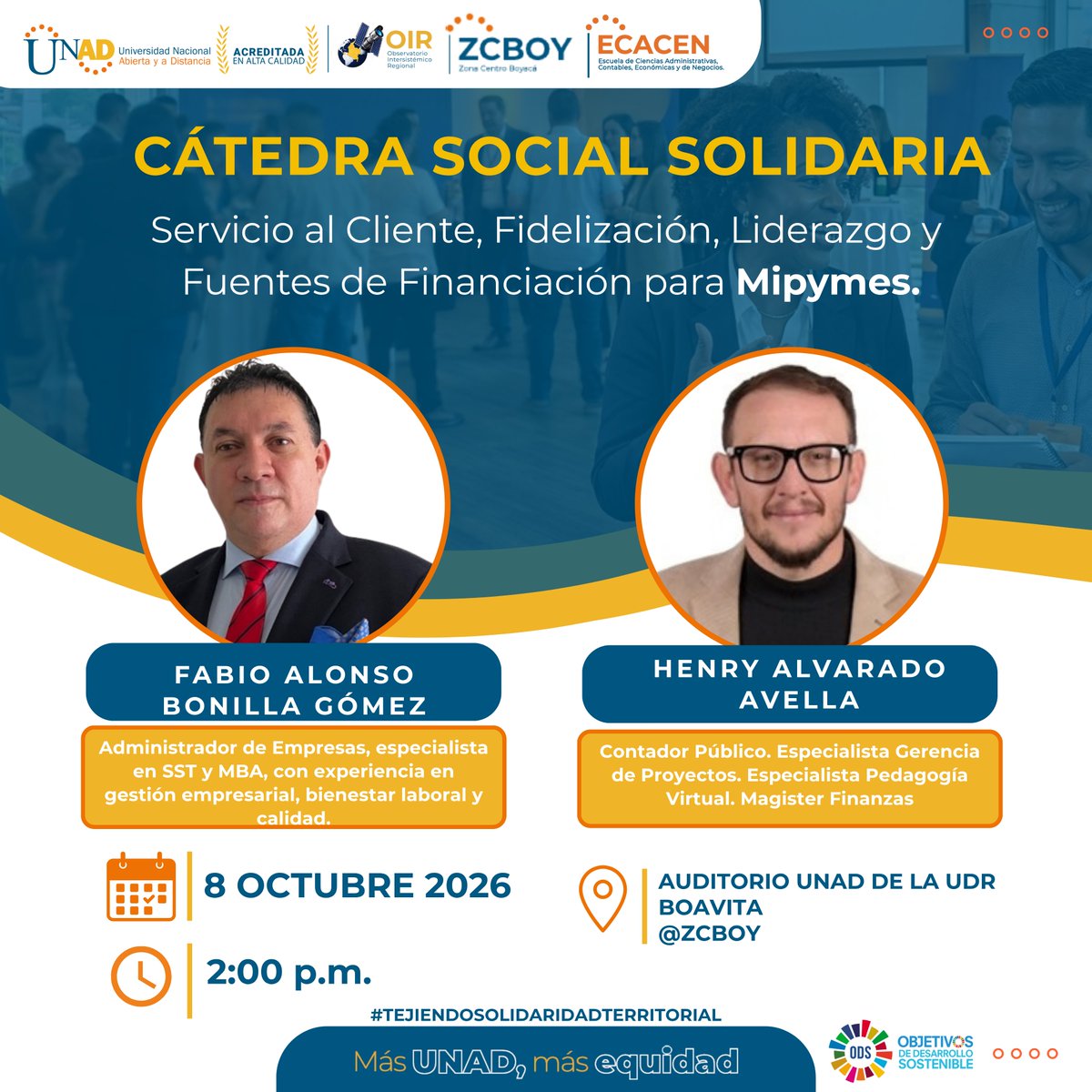 ElOIRdelaRegion's tweet photo. #CátedraSocialSolidaria🚀💼 ¡El trabajo decente, la innovación y las alianzas son motores para transformar nuestros territorios!
Te invitamos a participar en este espacio de encuentro y diálogo, orientado a fortalecer iniciativas que aportan al Trabajo Decente y Crecimiento Económico (ODS 8), la Industria, Innovación e Infraestructura (ODS 9) y las Alianzas para Lograr los Objetivos (ODS 17). 🌱💡🤝

📅 Fecha: 8 de octubre de 2026
⏰ Hora: 2:00 p. m.
📍 Lugar: Auditorio UNAD UDR #Boavita
💻 Modalidad: Híbrida
🌐 Participa de manera virtual:
🔗 https://t.co/h7pDIkGrUU
🔑 ID de reunión: 789 9751 5026
🔐 Código: 6SZsHx
✨ Desde la UNAD continuamos generando espacios de participación, innovación y articulación para aportar al desarrollo sostenible y al fortalecimiento de nuestros territorios. 🇨🇴💜
📲 Síguenos:
@UNAD_ZCBOY @fabiobonillag #ZonaCentroBoyacá #Boavita #UNAD #TrabajoDecente #Innovación #DesarrolloSostenible #TejiendoSolidaridadTerritorial