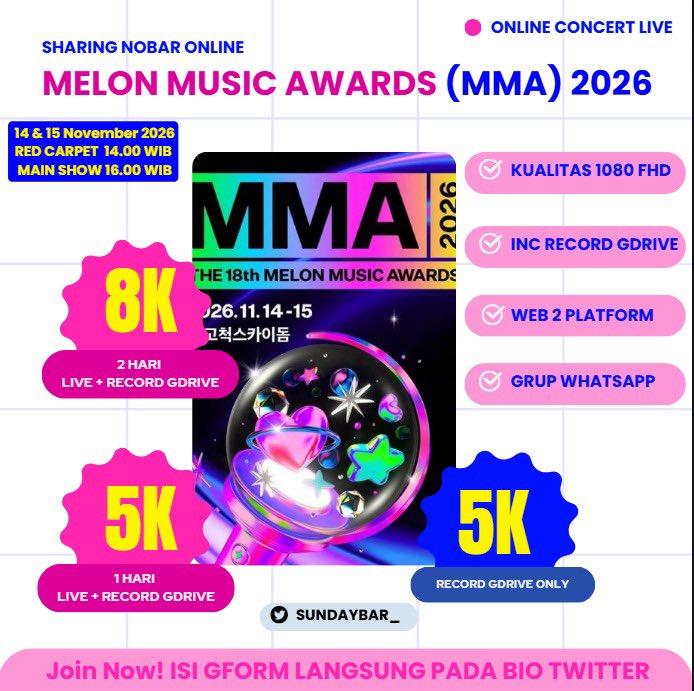 sunpromn's tweet photo. OPEN SHARING NOBAR MELON MUSIC AWARDS MMA 2026

💸 8K (2 HARI LIVE + RECORD) 
🔗 FORM DI BIO TWITTER 

✅ LIVE 2 PLATFORM 
✅ 1080 FHD 
✅ JOIN grup whatsapp

wts wtb link nonton live streaming mma melon music txt nct plave ateez tws h2h ilit riize lngshot riize ald1 https://t.co/JJ6lFWJl6T