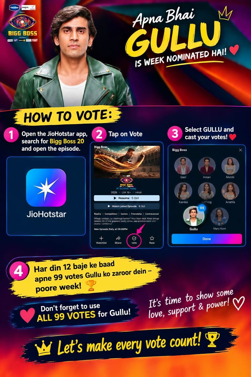 kushalTanwar01's tweet photo. 📣 VOTE FOR GULLU

Gullu Bhai is nominated this week, and now he needs our support more than ever.

Let’s all vote for him and make sure he stays in the house. Every vote matters, so don’t forget to vote and ask your friends to vote too 

Voting steps are given below 👇

#BB20 #BiggBoss20 #Gullu