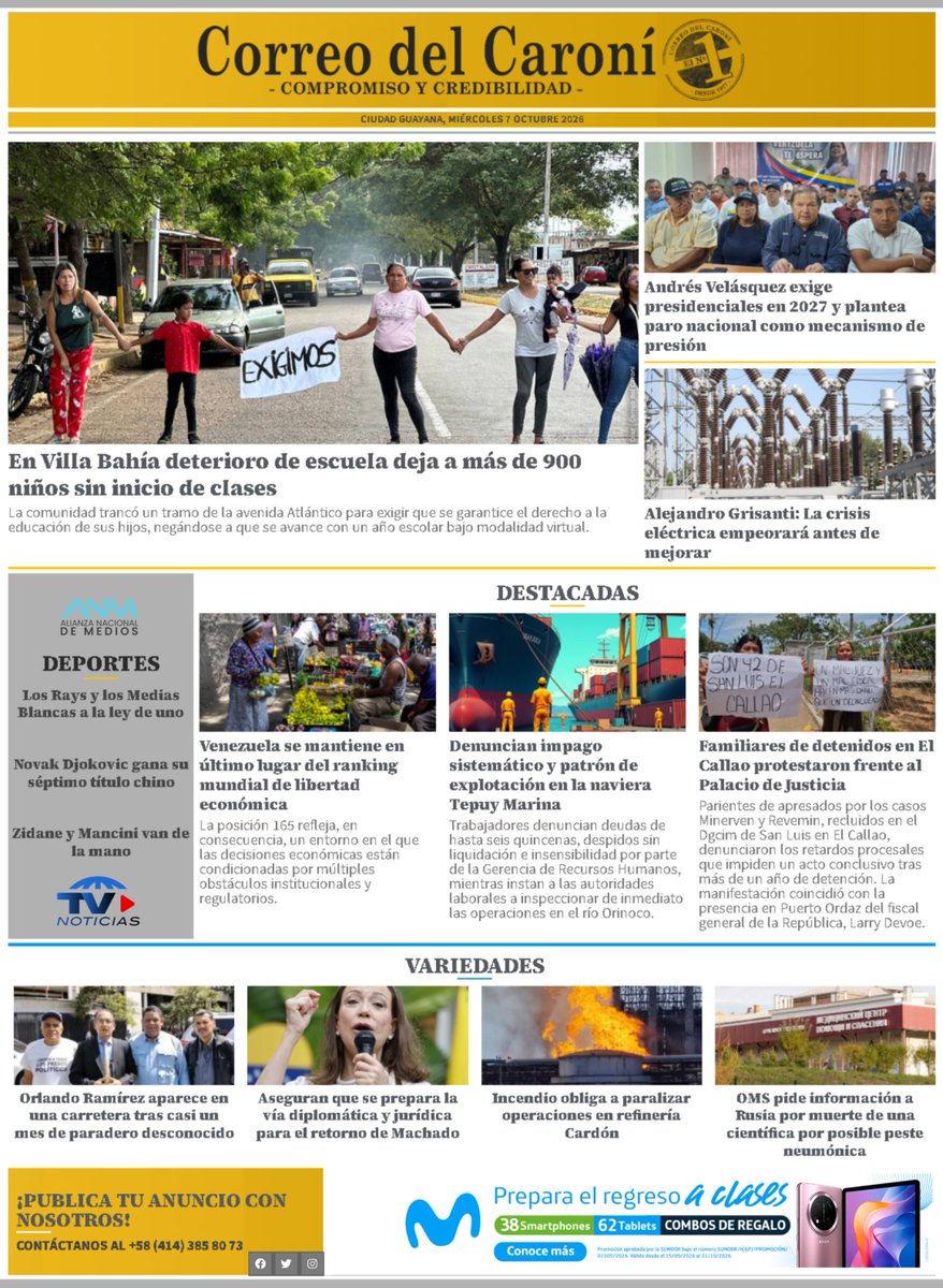 CorreodelCaroni's tweet photo. ¡#BuenosDías ⛅, Venezuela! Compartimos la portada 📰 con los titulares de este #7Oct2026 ✨

📲 Noticias https://t.co/p0fGxSqAWn. Únete y recibe noticias al momento y el resumen informativo del día.

🟩 WhatsApp: https://t.co/ZmyfcZxBzV

🟦 Telegram: https://t.co/U4oVtCX6F6 https://t.co/Bs1d7YqI0f