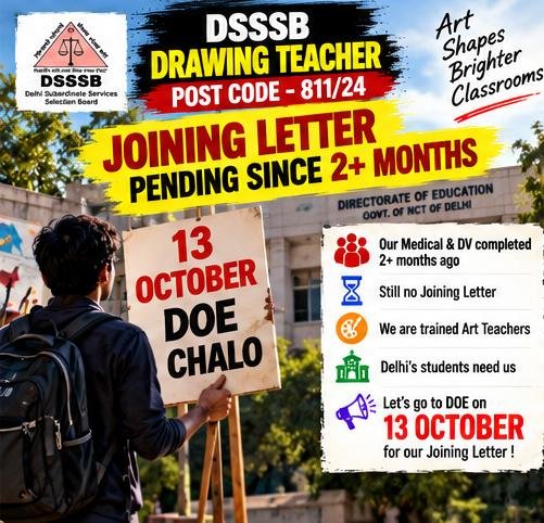 sasmit_singh017's tweet photo. An earnest appeal to @LtGovDelhi @CMODelhi @Dir Education

DSSSB Drawing Teacher (811/24) candidates are still waiting for Medical &amp; Joining Letters. We are selected and ready to serve. Kindly resolve the delay and release the letters at the earliest. #DSSSB811_24 #DSSSBJoining https://t.co/tBprQtYBA3