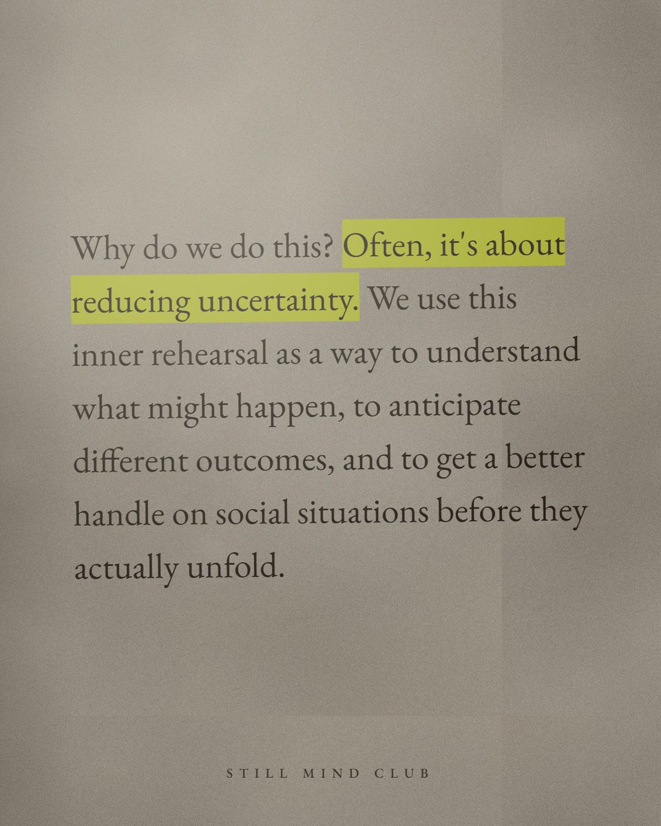 StillMind_Club's tweet photo. You said it perfectly in the shower. Then again on the walk home. Then once more, right before you walked in.  Nobody saw any of it. It all happened in the quiet of your own head.  These slides are from Chapter 1 of The Psychology of Rehearsal. Link in bio. https://t.co/7HNGJQiYtc