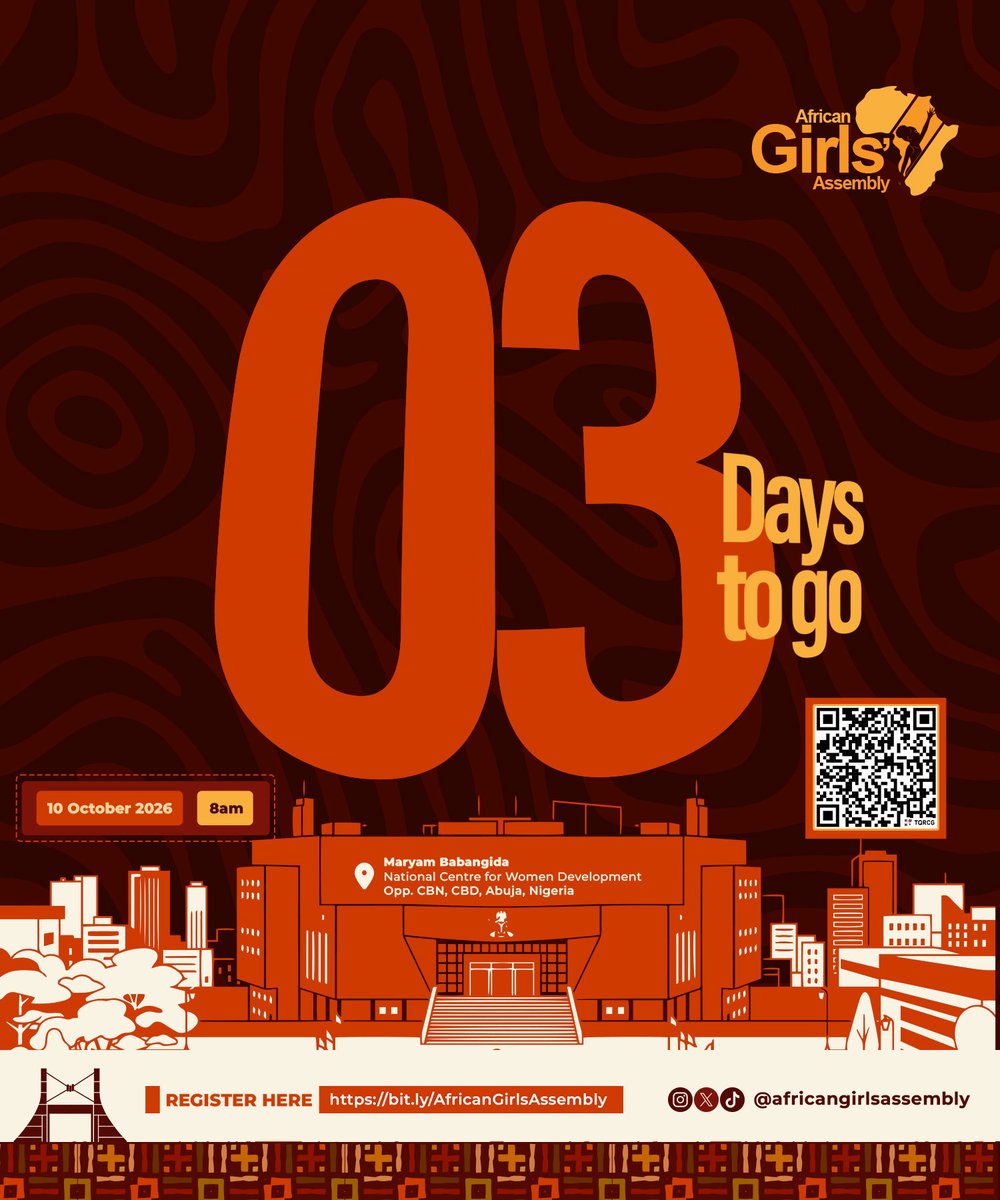 AfricanGirlsA's tweet photo. 3 DAYS TO GO! 🔥🌍

We’re getting closer! The countdown is on, and the excitement is rising. ⏳✨

Africa, get ready! 🌍🔥

#AfricanGirlsAssembly #AGA2026 #GirlsLead #AfricanGirls #GirlLeadership #GirlsRights #InvestInGirls https://t.co/aoPX1Nl171