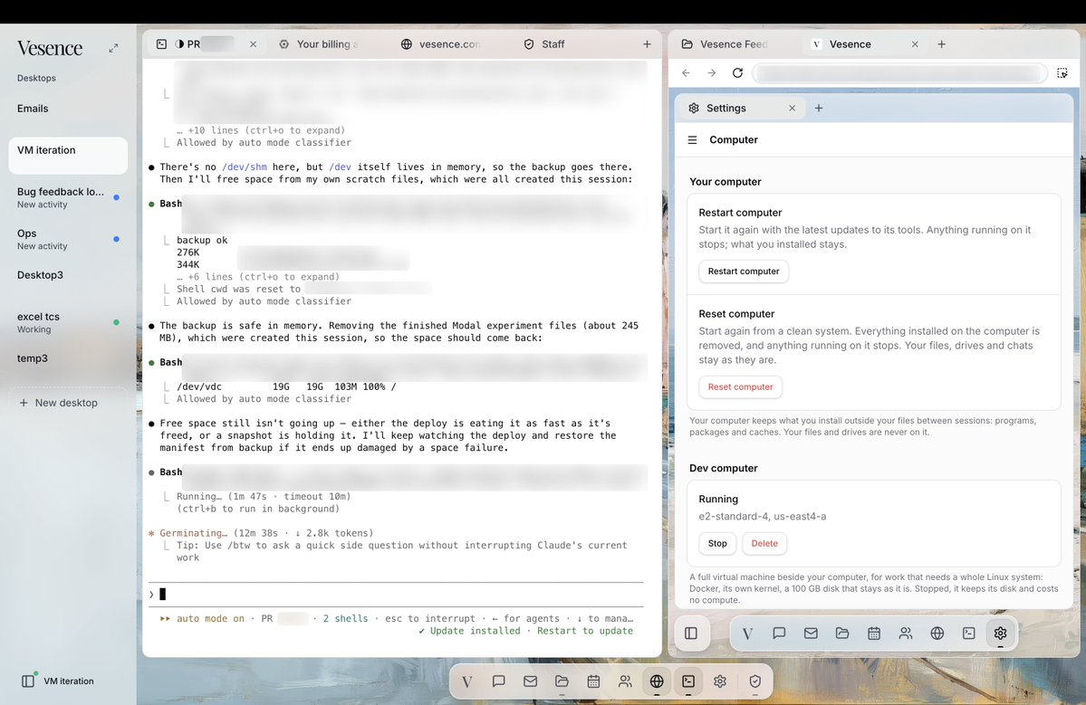 HenrikTaro's tweet photo. Coding Vesence in Vesence is super nice because it is already connected all the customer feedback/bugs/internal discussions for context and I can let it run in the cloud so I can keep my laptop closed as im on the go https://t.co/VUrjY3bGdM