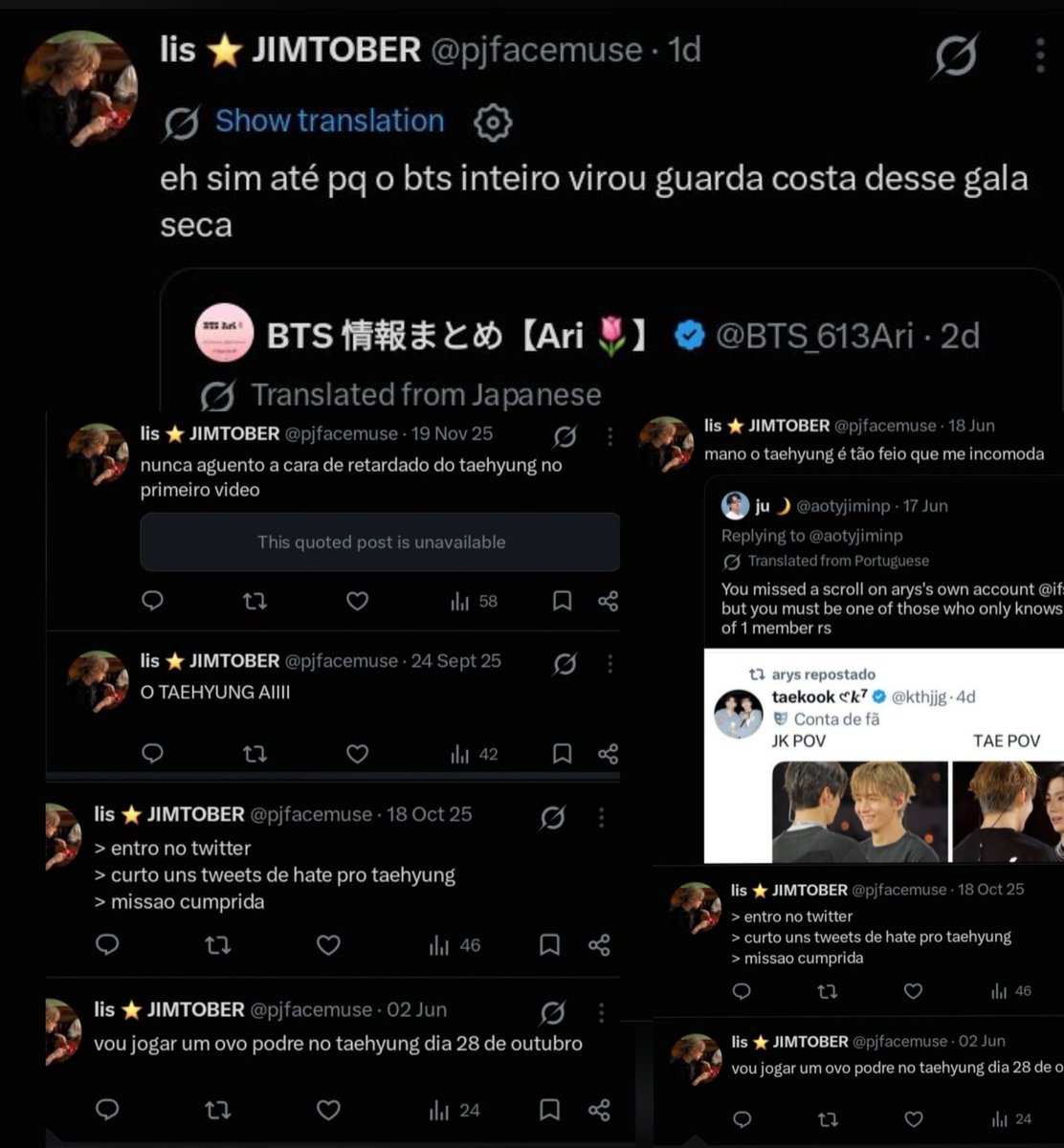 BTSReportHQ's tweet photo. These vile shippers and akgaes are targeting 🐯🐻 every day and making non-stop hate train against him

MASS REPORT🚨
Targeted Harassment 5x
Hate 5x
Spam 5x
https://t.co/FYGZWQgN45 🚨
https://t.co/IlUD2jUlKT 🚨
https://t.co/OM0jfniQE5 🚨
https://t.co/XUSShcdneX 🚨 https://t.co/L1BRTLxhCW