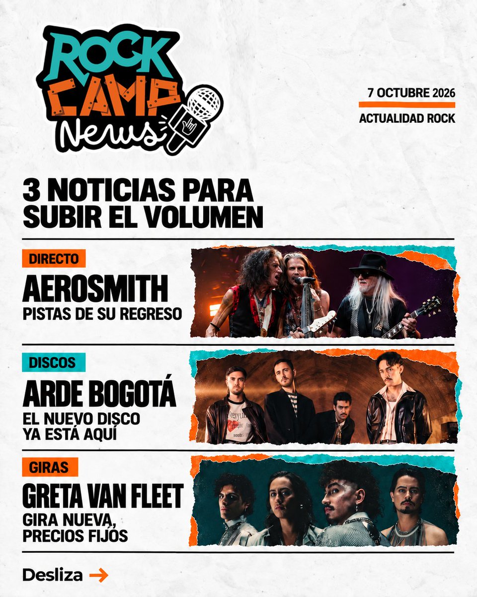 RockCampES's tweet photo. 🎸 RockCamp News:

⚡ Aerosmith da pistas de su regreso.
💿 Arde Bogotá: nuevo disco disponible desde el 2 de octubre.
🎟️ Greta Van Fleet anuncia gira en 2027 con precios fijos, más gastos.
¿De qué banda te gustaría oír noticias frescas?
#RockCampNews https://t.co/YVHXhNRMsz
