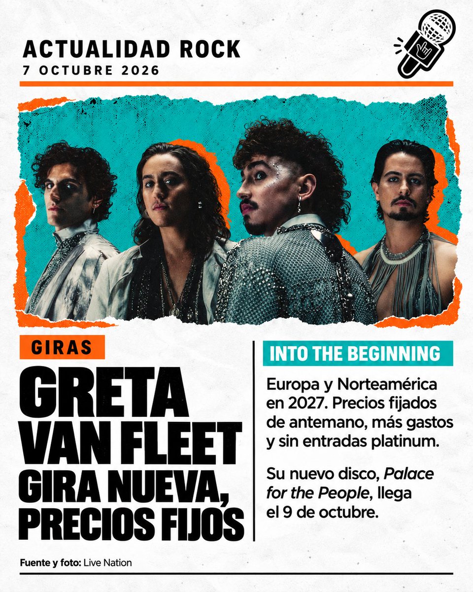 RockCampES's tweet photo. 🎸 RockCamp News:

⚡ Aerosmith da pistas de su regreso.
💿 Arde Bogotá: nuevo disco disponible desde el 2 de octubre.
🎟️ Greta Van Fleet anuncia gira en 2027 con precios fijos, más gastos.
¿De qué banda te gustaría oír noticias frescas?
#RockCampNews https://t.co/YVHXhNRMsz