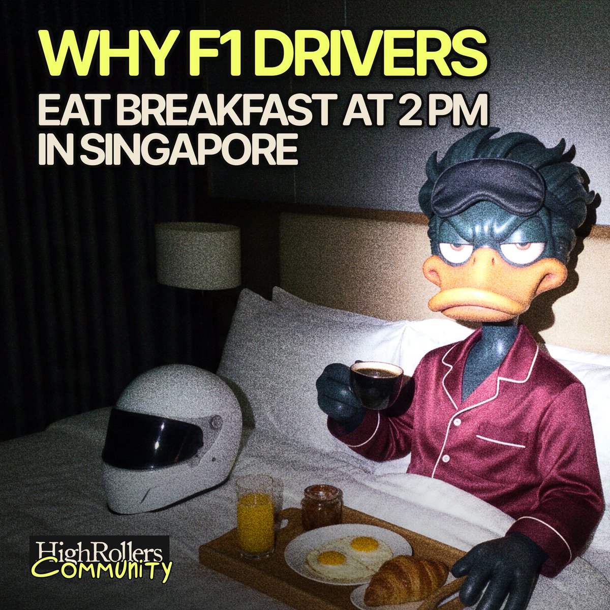 highrollers_xyz's tweet photo. During the Singapore Grand Prix, much of the paddock stays on European time.

Drivers wake in the afternoon, eat breakfast around 2 pm and go to bed close to sunrise. Hotels use blackout curtains and shift meals, housekeeping and team schedules around the race.

The reason is simple: an 8 pm start in Singapore should feel like an afternoon race to the body.

The city changes. The drivers’ internal clocks do not.

#SingaporeGP #F1