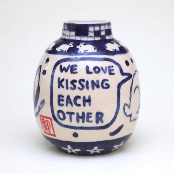 pmamtraveller's tweet photo. ‘We Love Kissing Each Other’ Vase by ceramicist Catalina Cheng handcrafted from porcelain and features a playful hand-lettered speech bubble in cobalt blue underglaze. https://t.co/RLR6QLwmfQ