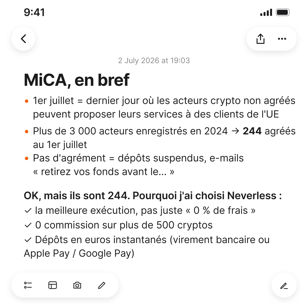 neverlessapp's tweet photo. La plupart des investisseurs crypto sont passés à côté de ce qui s'est produit le 1er juillet. Une licence MiCA est désormais le strict minimum : 244 entreprises en ont une. Ce qui distingue Neverless : meilleur prix d’exécution, 0 frais sur 500+ cryptos, dépôts en € instantanés
