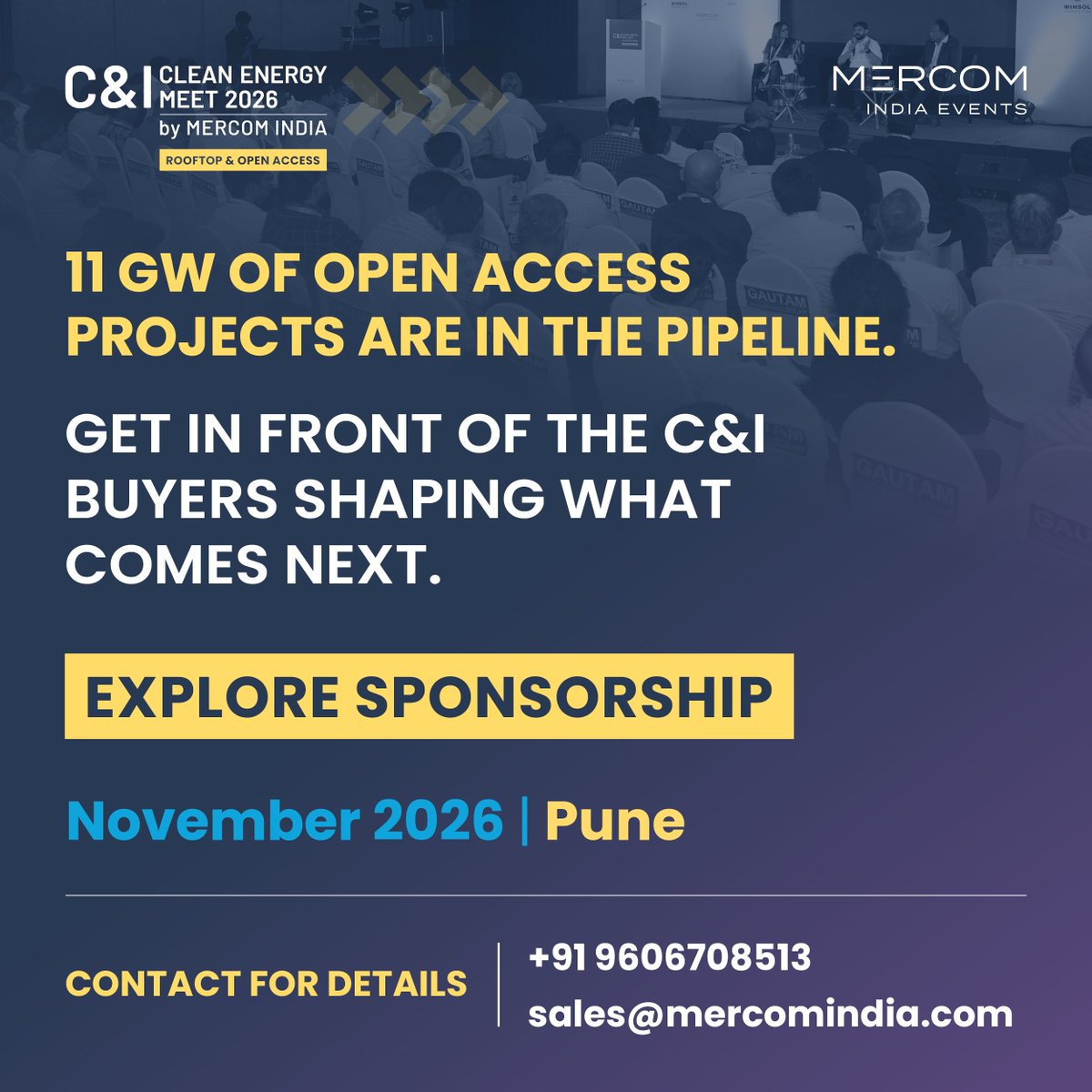 MercomIndia's tweet photo. 11 GW of open access projects are in Maharashtra’s pipeline.
C&I businesses are evaluating how they source power, and who can help them do it.
Get your company in front of pre-screened C&I buyers.
📅 Nov 27 | Pune
EXPLORE SPONSORSHIP: sales@mercomindia.com
#MercomIndia https://t.co/aKZo9erNh9