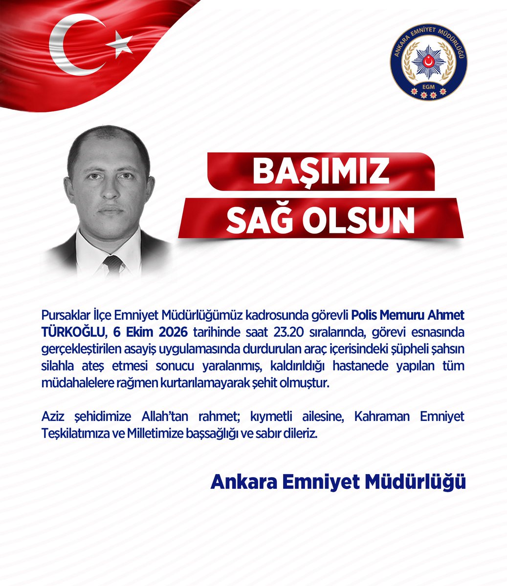 Karapapak15's tweet photo. #ŞehidinVarTürkiye
Ankara Pursaklar’da uygulama noktasında görev yapan polis memurumuz Ahmet Türkoğlu,  uygulama noktasında açılan ateş sonucu şehit oldu.

Şehidimize Allah’tan rahmet, ailesine, Emniyet Teşkilatımıza ve yüce Türk milletine sabır diliyorum.

Başımız sağ olsun. 🇹🇷 https://t.co/r5XTjcDfX8