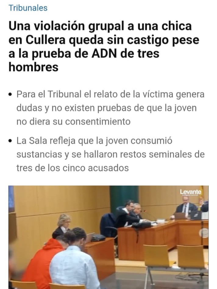 feministes_cat's tweet photo. Absolviendo a 4 violadores, la Audiencia de Valencia ha dicho básicamente que "Ella se lo buscó".

El fallo judicial señala que "no se ha acreditado que la víctima no consintiera las ¡relaciones sexuales! o que no pudiera prestar ese consentimiento"‼️

Había lesiones, restos seminales y presencia de múltiples sustancias en su organismo. Y, aun así, seguimos discutiendo si hubo ¡consentimiento!

Importa una mierda lo que diga "el amigo del Faku" o si la chica consumió voluntariamente los estupefacientes y el alcohol.
Si la chica está drogada e inconsciente no son relaciones sexuales, es VIOLACIÓN.
Las prácticas violentas que dañan a las mujeres no pueden formar parte de una relación consensuada.

Si denunciar significa acabar siendo juzgada, ¿cómo esperamos que las víctimas denuncien?
#HastaElCoño de #InjusticiaPatriarcal