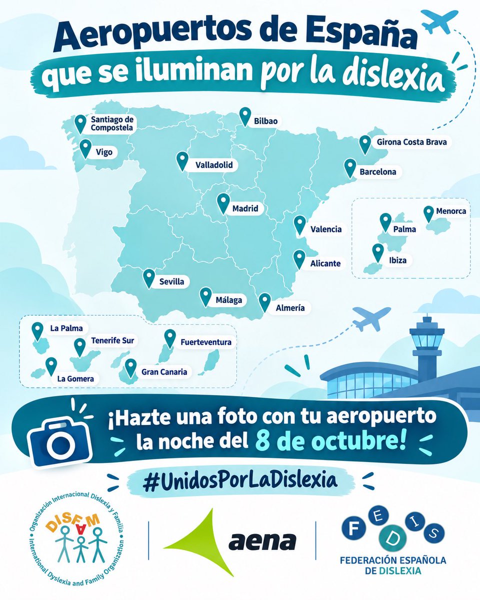 fedisorg's tweet photo. 🩵 Este 8 de octubre, los aeropuertos vuelven a teñirse de turquesa por la dislexia.

Este año, 20 aeropuertos de la red de Aena se suman al Día Internacional de la Dislexia, haciendo visible una realidad que afecta a millones de personas y ayudándonos a llevar nuestro mensaje cada vez más lejos. ✈️

Desde DISFAM y la Federación Española de Dislexia, queremos agradecer especialmente a Aena su apoyo y compromiso de cada año, incorporando progresivamente más aeropuertos a esta iniciativa y contribuyendo a visibilizar la dislexia iluminando de turquesa su red aeroportuaria.

📸 Si la noche del 8 de octubre pasas por alguno de estos aeropuertos, hazte una foto con la iluminación turquesa, compártela en tus redes y etiquétanos. Queremos llenar España de imágenes que demuestren que seguimos avanzando juntos.

🩵 Porque comprender la dislexia también es construir una sociedad más inclusiva.

#UnidosPorLaDislexia ✈️ 
#DíaInternacionalDeLaDislexia #8DeOctubre #Dislexia