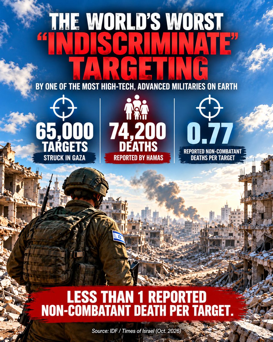 MOSSADil's tweet photo. THE WORLD’S WORST “INDISCRIMINATE” TARGETING BY ONE OF THE MOST HIGH-TECH, ADVANCED MILITARIES ON EARTH

🇮🇱 65,000 targets struck in Gaza
Hamas-run Gaza Health Ministry:
✔️74,200 total deaths
IDF estimate:
✔️24,000 combatants killed

That leaves roughly 50,200 reported non-combatant deaths.

LET'S DO SOME MATH:  
50,200 Civilians ÷ 65,000 Targets 
= 77 Civilians Per 100 Targets
THANK IS LESS THAN 1%!

REMEMBER: 
Gaza is one of the most densely populated urban battlefields on earth, with Hamas operating from within civilian areas.
Israel is one of the most technologically advanced militaries in the world. 

If you are going to call the bombing “INDISCRIMINATE,” you also have to explain these numbers.

SOURCE: IDF