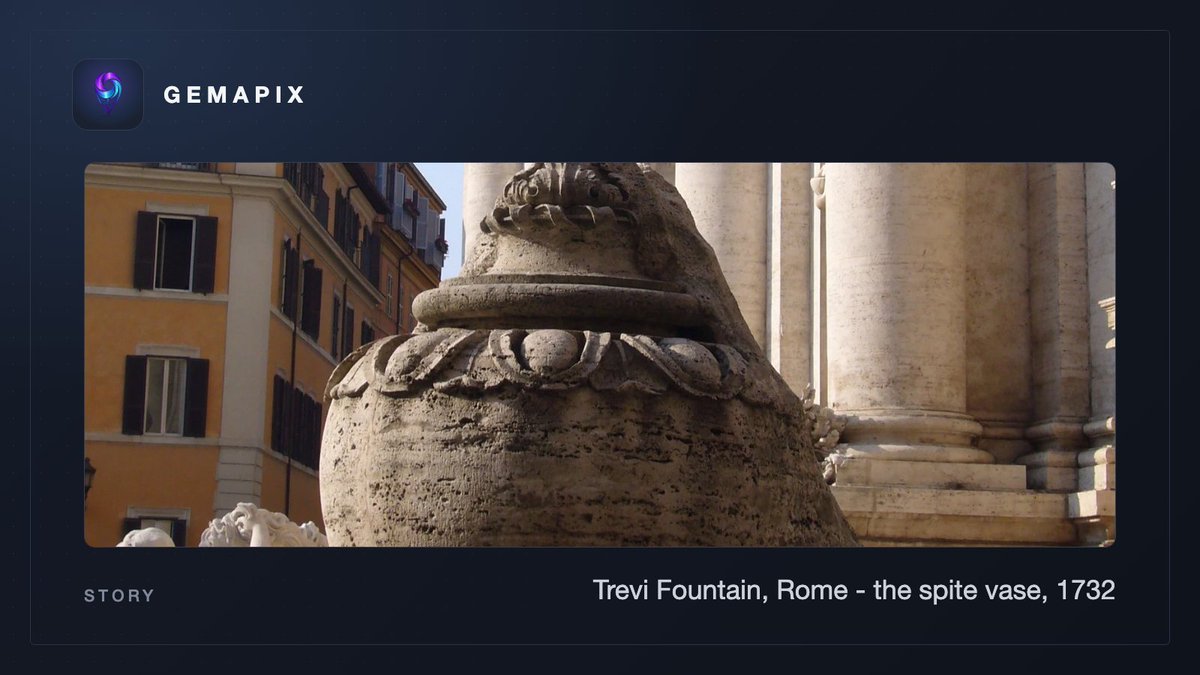 gemapix_app's tweet photo. A photo of the Trevi Fountain gives you a fountain.

Ask Gemapix and you get the vase Salvi carved in 1732 to spite a rude barber, in your earbuds, answering what you ask next. https://t.co/VVBPfqUvqa