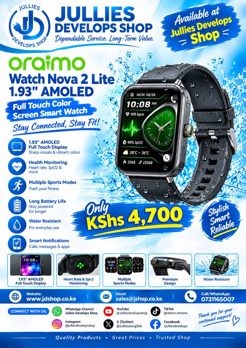 Julliesdevg5k6's tweet photo. ⌚🔥 ORAIMO WATCH NOVA 2 LITE SMART WATCH 🔥⌚

🔥 KEY FEATURES: ✅ 1.93" AMOLED Full-Touch Display
✅ Health &amp; Fitness Monitoring
✅ Heart Rate &amp; SpO₂ Monitoring
✅ Multiple Sports Modes
✅ Smart Notifications for Calls &amp; Messages
✅ Long Battery Life
✅ Water-Resistant Design https://t.co/AVUK1OidPQ