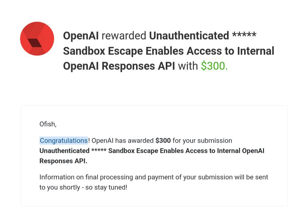 IntCyberDigest's tweet photo. ❗️ OpenAI awarded a researcher just $300 for a sandbox escape that gave free access to its paid models, with no API key and no account.

"Zero reason to report anything else I find to them," researcher Oliver Fish concludes. https://t.co/L2ud3HpCpe