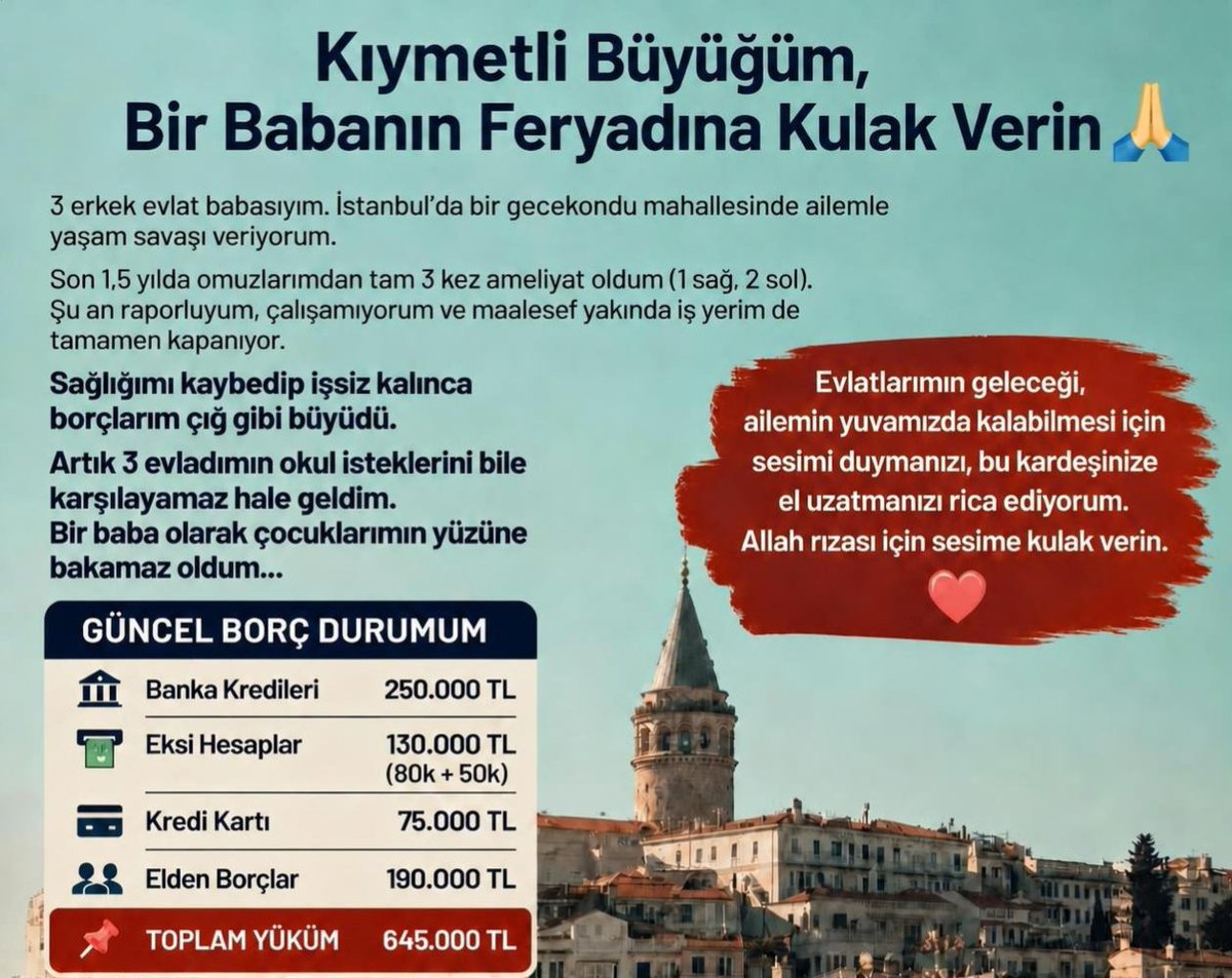 RSPmst's tweet photo. Saygıdeğer Büyüğüm Kıymetli @sedat_peker Abim, Bir Ailenin Düştüğü Zor Duruma Umut Olun 🤲🤲🤲🤲🤲🤲🤲🤲
İstanbul’da 3 evladını gururla büyütmeye çalışan bir babayım. Sağlık sorunlarım nedeniyle peş peşe 3 kez ameliyat oldum https://t.co/FTB9Ufk5tK