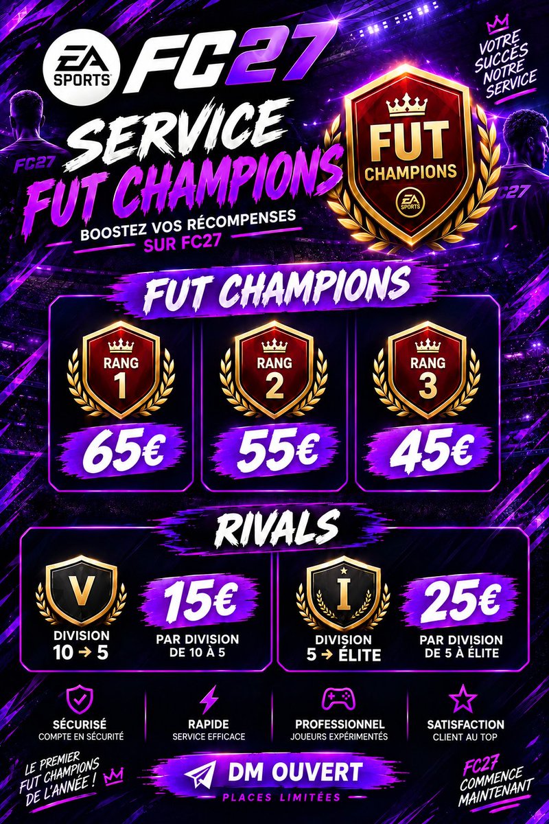 FutChampBoost_'s tweet photo. 🚨 RÉSERVATIONS FUT CHAMPIONS  🚨

La promo FUTURE STARS  arrive vendredi en plus de ́la grosse TOTW avec du Jude/Putellas  🔥

📩 DM pour réserver ton créneau
💰 50€ RANK 1 pour votre première prestation 🚀

⚡️ Places limitées

🎮  XBOX/PS/PC 

#FC27 #EAFC27 #FUTChampions #FUT https://t.co/2WFkD7hwmW
