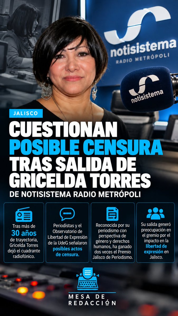 LMesadereda's tweet photo. 🎙️ ¿Censura en Notisistema?

Tras más de 30 años de trayectoria, Gricelda Torres dejó Radio Metrópoli. Su salida generó cuestionamientos entre periodistas y organismos defensores de la #libertaddeexpresión
#MesaDeRedacción #GriceldaTorres #Notisistema #Jalisco https://t.co/KwzvGrOsl9