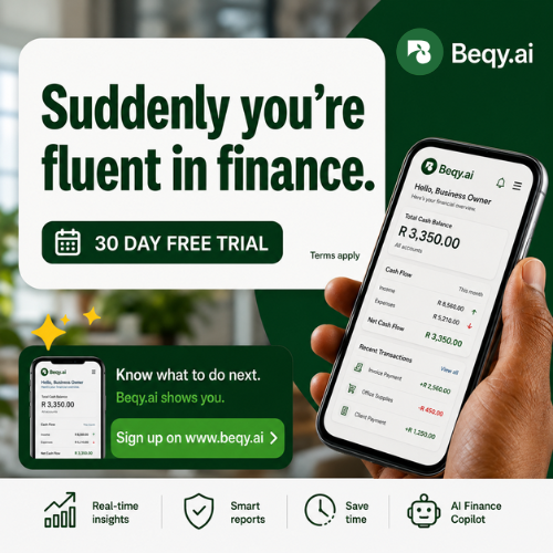 Beqyai's tweet photo. Suddenly you're fluent in finance. 💬

No spreadsheets. No guessing. Just open Beqy and know your cash balance, cash flow, and what to do next — instantly.

Real-time insights + an AI Finance Copilot that actually answers.

30 day free trial → @Beqyai 

#AICFO #FinTechAfrica https://t.co/lbuf6LT0Ur
