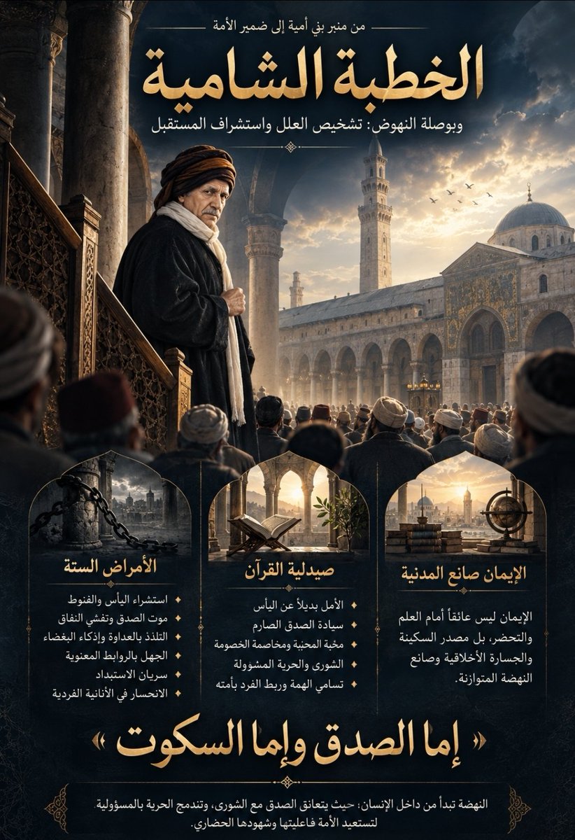Ali_AlQaradaghi's tweet photo. «الخطبة الشامية» وبوصلة النهوض: تشخيص العِلل واستشراف المستقبل
من منبر بني أمية إلى ضمير الأمة
في شتاء عام 1911م، وفي رحاب الجامع الأموي العريق بدمشق، وقف المفكر والمصلح والمربي  بديع الزمان سعيد النورسي رحمه الله تعالى ليلقي درساً  كان بمثابة «مانيفستو» فكري ووثيقة إصلاحية استشرافية.
 لم يصعد النورسي طيب الله  ثراه المنبر متكلفاً دور الأستاذية، بل جاء متواضعاً يعرض بضاعته على علماء الشام كطالب يراجع فهمه، ليضع يده بدقة الجرّاح على مكمن الداء الذي جعل العالم الإسلامي يتراجع ويقف على أعتاب القرون الوسطى، في وقت تسارعت فيه خطى الآخرين نحو المدنية والقوة.
أولاً: صدمة التشخيص..
 الأمراض الستة
لم يعزُ النورسي تراجع المسلمين إلى قوى خارجية بحتة، بل غاص في عمق البنية النفسية والاجتماعية، مستخرجاً ست علل فتاكة عطلت طاقات الأمة:
 * استشراء اليأس والقنوط: 
وهو الداء الذي اعتبره سرطان العزيمة وأول أسباب الخنوع والتبعية.
 * موت الصدق وتفشي النفاق: 
حيث تحولت المجاملة والمصلحة الزائفة إلى غطاء للكذب والرياء السياسي والاجتماعي.
 * التلذذ بالعداوة وإذكاء البغضاء: استنزاف الطاقات في معارك جانبية بين أبناء الملة والوطن الواحد.
 * الجهل بالروابط المعنوية: نسيان الوشائج النورانية المشتركة التي تجمع المجتمع وتجعل أفراده كحلقات السلسلة الواحدة.
 * سريان الاستبداد: 
تحول النزعة التسلطية إلى عدوى تصيب الحاكم والمحكوم وتكتم صوت العقل.
 * الانحسار في الأنانية الفردية: انتشار ثقافة «ما لي وللناس» وحصر الهمة في المنفعة الذاتية الضيقة.
ثانياً: «صيدلية القرآن».. 
معادلة الترياق
في مقابل هذا التوصيف الواقعي المرير، لم يقف النورسي عند البكاء على الأطلال، بل فتح أبواب الأمل من خلال استنباط حلول عملية مستلهمة من روح التنزيل:
 * الأمل بديلاً عن اليأس: التأكيد على أن اليأس مخالف لأصل الإيمان ﴿لَا تَقْنَطُوا مِن رَّحْمَةِ اللَّهِ﴾، وأن حركة التاريخ تتقلب كالفصول؛ فبعد الشتاء خصب وربيع، والمستقبل مشرق متى ما تحققت شروطه.
 * سيادة الصدق الصارم: حصر الخيار الإنساني والسياسي في معادلة حاسمة: «إما الصدق وإما السكوت»، وإسقاط ذرائع الكذب للمصلحة التي أفسدت الحياة العامة.
 * ثقافة «محبة المحبة ومخاصمة الخصومة»: اعتبار الرابطة الإنسانية والإيمانية كالجبال الراسيات، بينما الخلافات الجزئية كالحصيات الصغيرة التي لا يجوز أن تطغى على جوهر الأخوة.
 * الشورى والحرية المسؤولة: 
التأسيس لمفهوم الحرية الشرعية التي تحرر الإنسان من عبودية الأشخاص، وتقوم على مبدأين ذهبيين: «ألا يُذَلّ الإنسان ولا يتذلل»، لتكون الشورى التشاركية هي مفتاح الإبداع والنهوض.
 * تسامي الهمة:
 رفع قيمة الفرد بربطها بأمته؛ فمن كانت همته ذاته انسلخ من حقيقة مدنيته، ومن كانت همته أمته ومجتمعه كان بمثابة أمة كاملة تمشي على الأرض.
ثالثاً: الإيمان صانع المدنية ومصدر الطمأنينة
يرسم النورسي في أطروحته لوحة بديعة لطبيعة التدين الحقيقي؛ فالإسلام ليس عائقاً أمام العلم والتحضر، بل هو المحرك الأساس للرقي المادي والمعنوي معاً. ويضرب مثلاً رائعاً بالطفل الصغير الواقف بثبات أمام القطار الهادر لأنه يدرك أن له قائداً ونظاماً يحكمه، في حين قد يرتعد الأبطال الشجعان خوفاً إن ظنوا القطار وحشاً كاسراً طليقاً. 
هكذا هو الإيمان: يمنح الإنسان السكينة والجسارة الأخلاقية لمواجهة تحديات الوجود، بينما الضلال يحيل الكون إلى رعب وفوضى ووحشة.
 درس اليوم والغد
قيمة «الخطبة الشامية» في كونها رؤية إصلاحية حية تتجاوز الأزمنة. إنها تذكير دائم بأن النهضة تبدأ من داخل الإنسان وبناء منظومته القيمية؛ حيث يتعانق الصدق مع الشورى، وتندمج الحرية بالمسؤولية، لتتحول الأمة من موقع التراجع والتبعية إلى فاعلية الشهود الحضاري والسلام الإنساني الشامل.