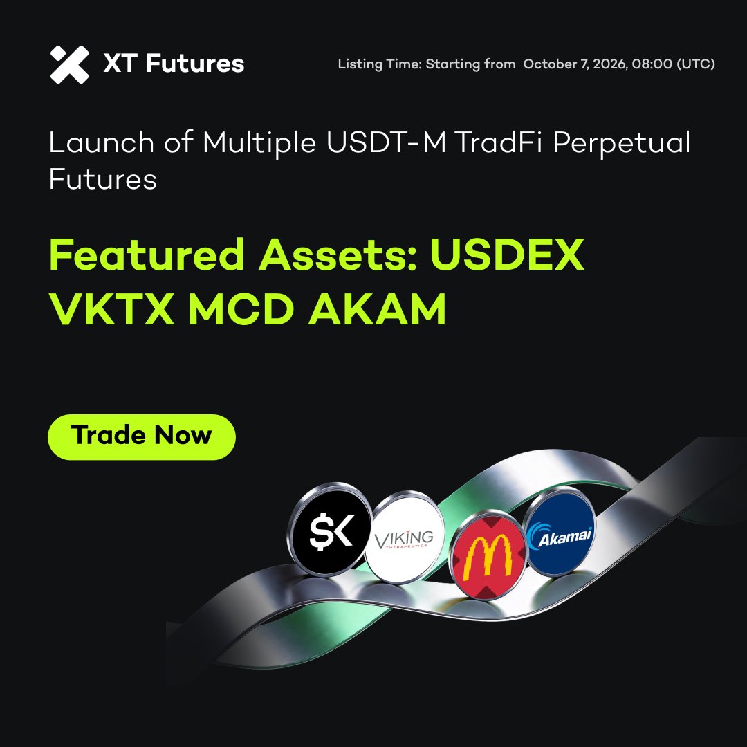 XTexchange's tweet photo. 🚀 #XTfutures New Listing Alert 🚀 #TradFi

🔥 XT will list USDEXUSDT(1-20X), VKTXUSDT(1-20X), MCDUSDT(1-20X), AKAMUSDT(1-20X) USDT-M TradFi Perpetual Futures on October 07, 2026.

Trade Now ⤵️ 
https://t.co/B6NXQ0I8iv https://t.co/MXVgAf0h8G