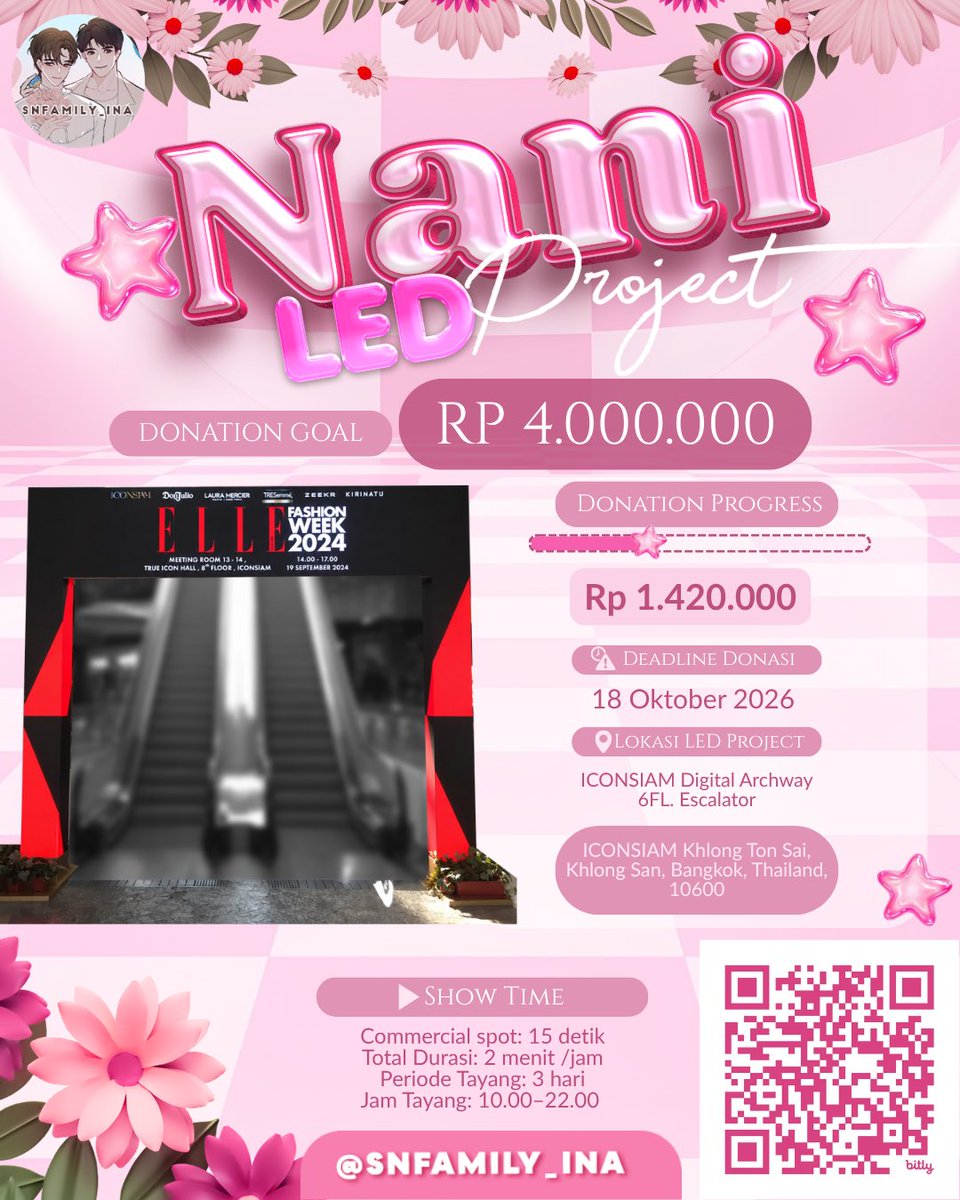 SNfamily_INA's tweet photo. 💌 YUK IKUT RAYAKAN ULTAH NANI YANG KE-29 BERSAMA SNFAMILY_INA! 💖

@SNFamily_INA sekarang buka donasi untuk LED Ads Project spesial untuk birthday Nani ✨ 

Buat teman-teman yang mau ikut jadi bagian dari project ini, yuk merapat!

♡ Min. donasi: Rp50.000 ♡ Target: Rp4.000.000
.✦ ݁˖ Progress Donasi: Rp 1.420.000

🎀 LED Ads akan ditayangkan di ICONSIAM Digital Archway 6FL. Escalator 29–31 Oktober 2026

Kalau target tercapai, dana yang terkumpul akan digunakan untuk project LED Ads tersebut.

Cara ikut berpartisipasi: 📌 Isi Google Form dengan cara scan QR Code di poster atau lewat link ini : https://t.co/Bg6abxUlbD

[Kalo ada yang mau donasi secara Anonim, mohon tetap isi gformnya dan isi saja dengan “Anonim” di setiap pertanyaannya yaa]

Kalo ada yang mau minta link atau ada pertanyaan lebih lanjut boleh banget DM admin yaa 😊

Sekecil apa pun kontribusinya, berarti banget buat project ini 🥹💖 Thank you for always supporting @SNFamily_INA! Yuk, sama-sama kita bikin birthday project ini jadi kenyataan! ✨

#hirunkit_