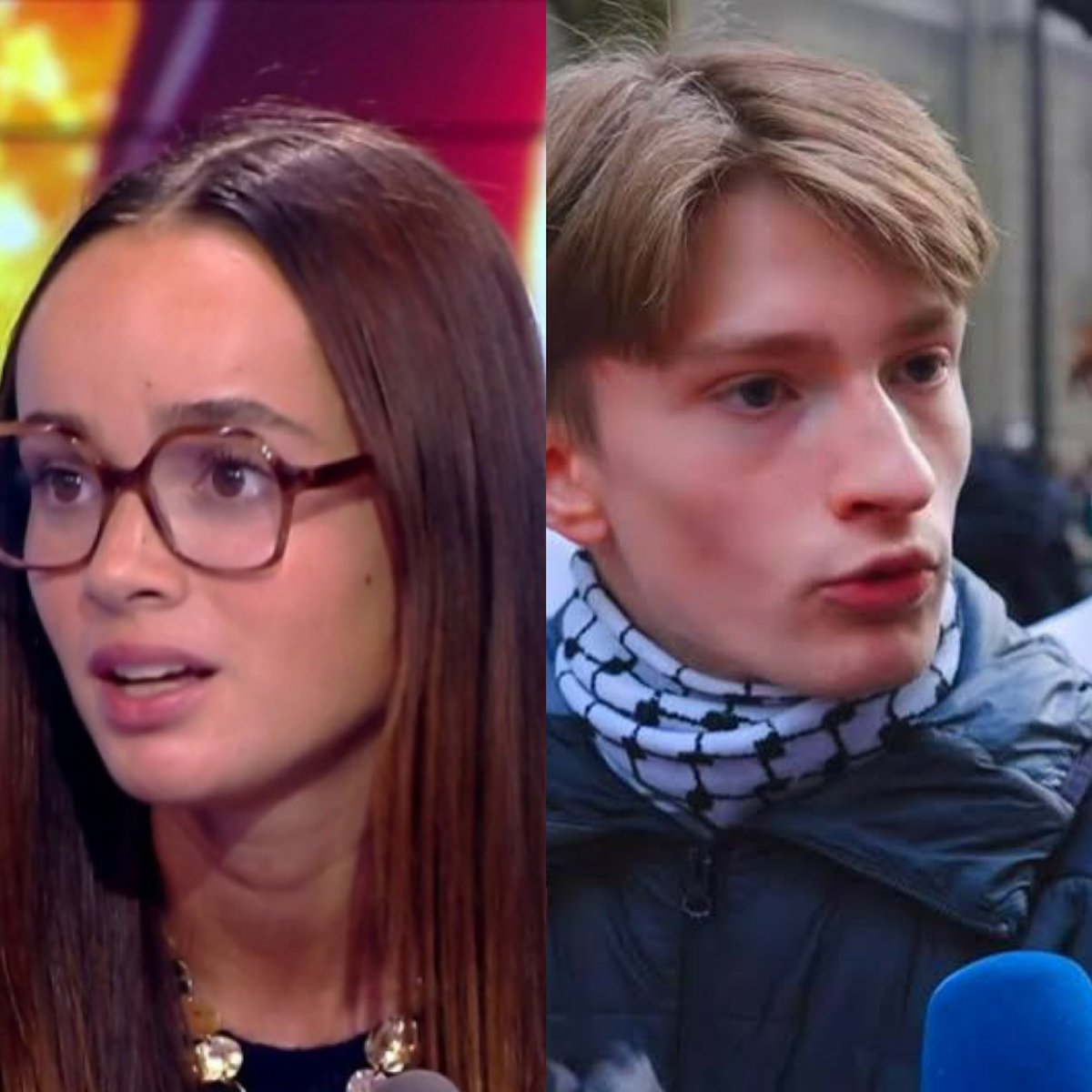 Guigz75116's tweet photo. Il y a bien deux France. 

À gauche, Louise une tête encore branchée. Phrases qui tiennent, regard qui ne fuit pas, le genre de tête encore capable de finir une idée sans qu’on lui souffle le texte.

À droite, Elwan, le fils de bonne famille qui a troqué le polo pour un keffieh d’emprunt, persuadé que ça suffit à le rendre révolutionnaire. 
Résultat : le regard vide, la bouche en pilote automatique, le cerveau déjà rendu. 

L’une pense et l’autre accessoirise. 

A vous de choisir.