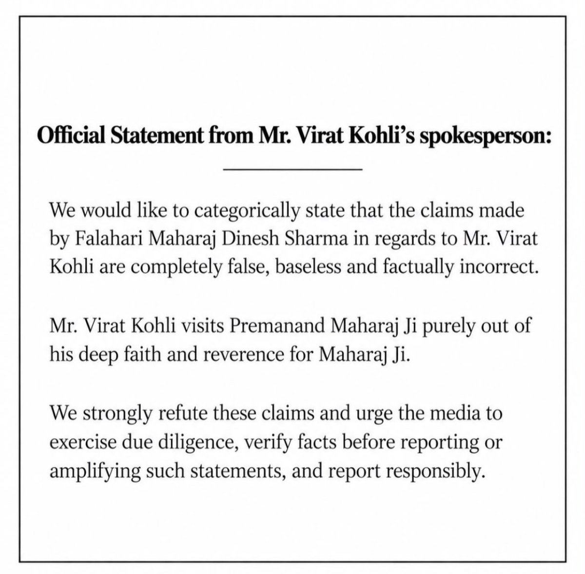 CricCrazyJohns's tweet photo. 🚨 OFFICIAL STATEMENT FROM KOHLI'S SPOKESPERSON ✅

- All the statements are false, Baseless &amp; factually incorrect ❌ https://t.co/B7MXQPQX39