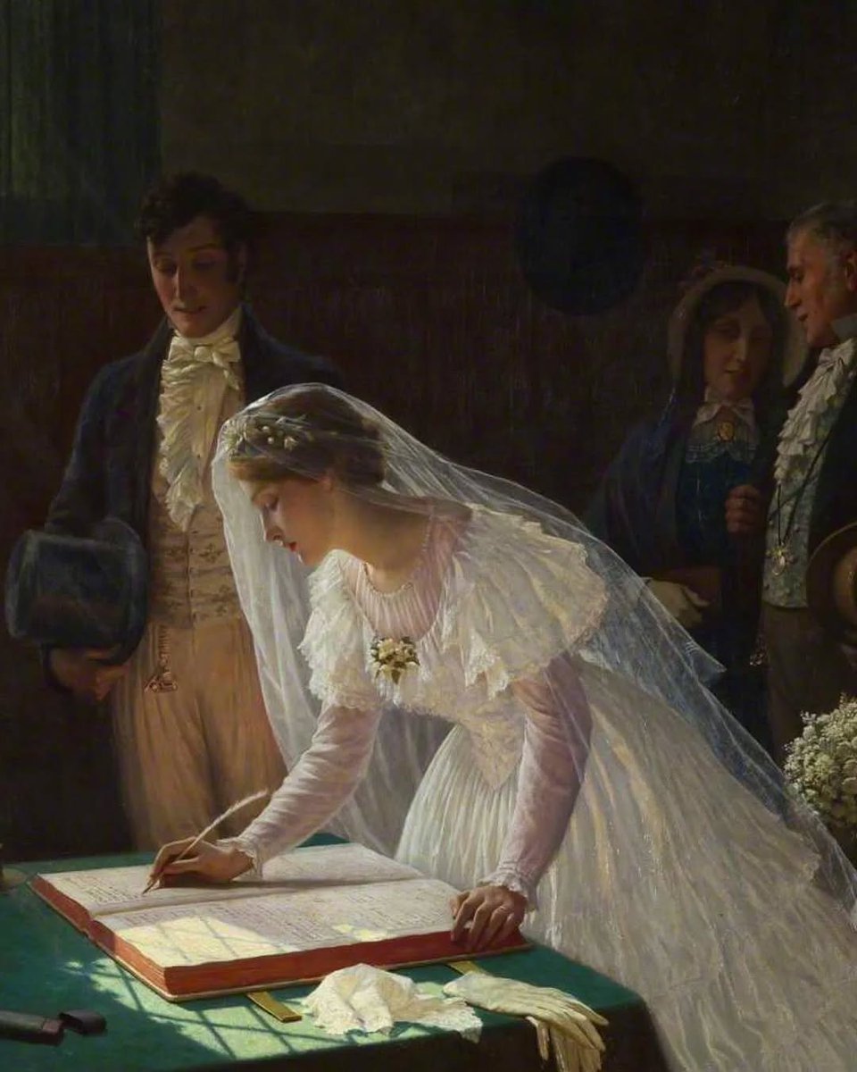 LfXAMDg4PE50i9e's tweet photo. エドモンド・レイトンの「THE WEDDING REGISTER」（1920）です。これはマリッジレジスターとも呼ばれるもの。日本ではあまり馴染みがありませんが、欧米では今でも時々ある習慣だとか。結婚式の際、新郎新婦の名前、親族の名前、証人の名前などを記入するそうです。字が汚い人には地獄の時間でしょう https://t.co/IvhhicZJps