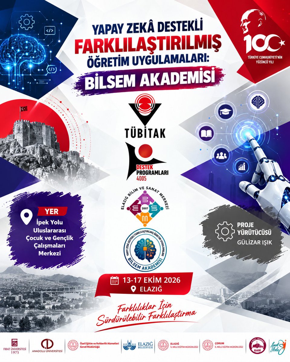 elazigmem's tweet photo. 🤖 Elazığ’dan Eğitime Yapay Zekâ Dokunuşu!

TÜBİTAK 4005 kapsamında 260 proje arasından desteklenen 55 projeden biri olan BİLSEM Akademisi, 13-17 Ekim’de Elazığ’da!

📚 30 BİLSEM öğretmeni, 31 etkinlikle yapay zekâ destekli eğitimde buluşacak.
@tcmeb @Yusuf__Tekin @numanhatipoglu @gun_aziz #Elazığ