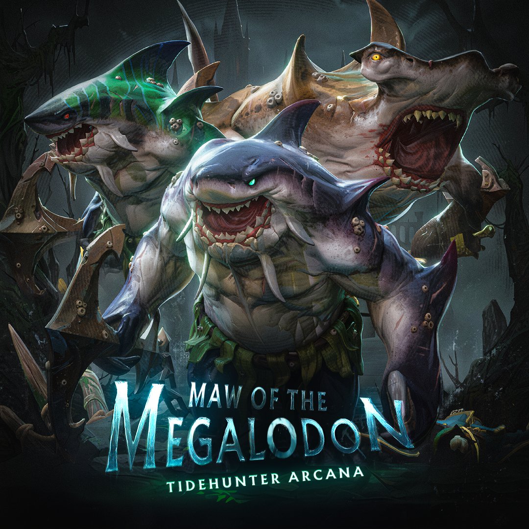 wykrhm's tweet photo. Maw of the Megalodon — Tidehunter Arcana -- With 3 styles, new base model, a host of custom animations, effects, taunts, voice lines, and dragging a familiar-looking corpse that serves as one part security blanket and one part snack. Available in the Trove of Terror chest. #Dota2 https://t.co/bJQDqb5Zj0