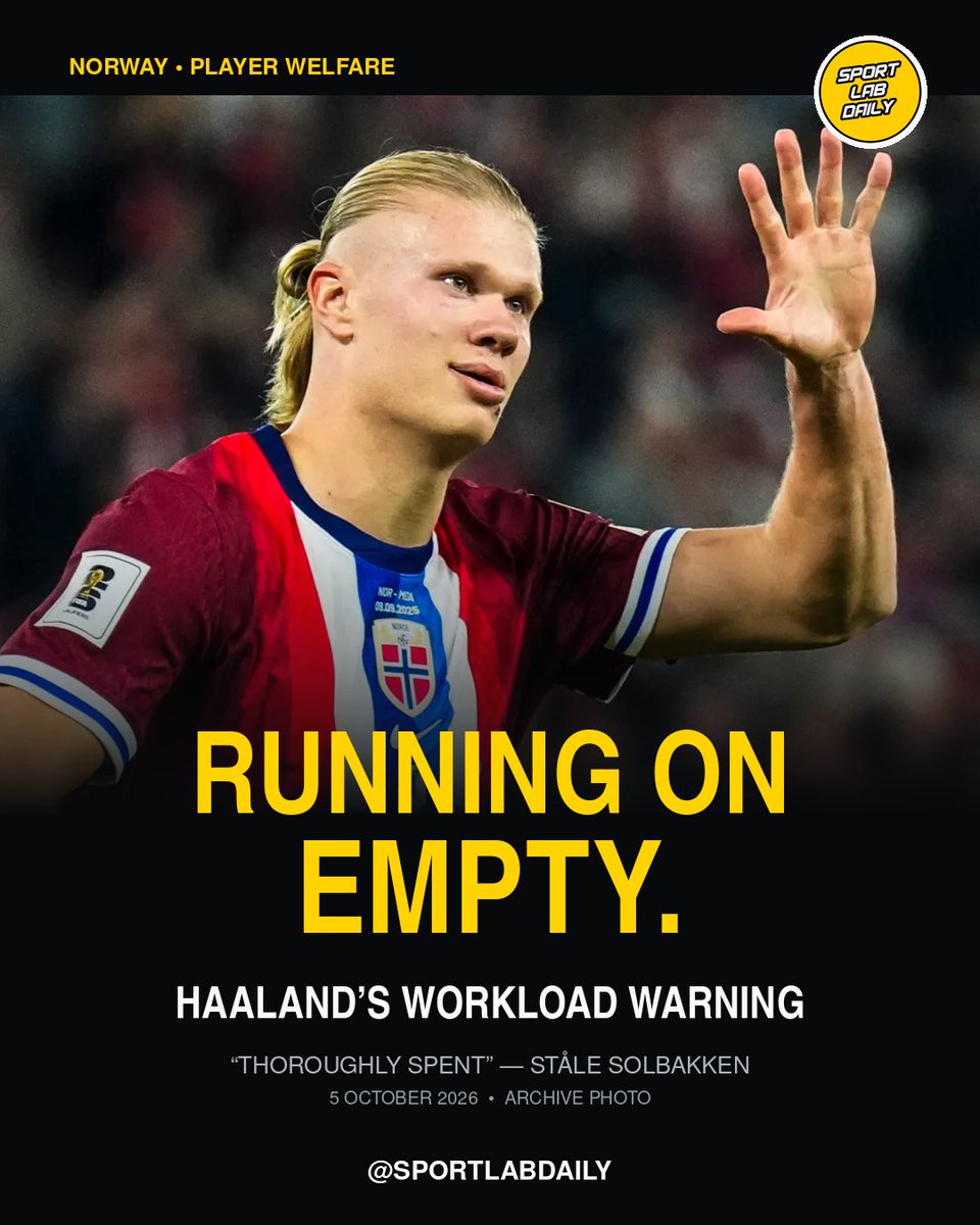 SportLabDaily's tweet photo. RUNNING ON EMPTY. 🇳🇴⚠️

Norway boss Solbakken says Haaland was “thoroughly spent” after his relentless club-and-country schedule.

Should football guarantee longer breaks? 👇

#SportLabDaily #Haaland #ManCity #Football https://t.co/ywXlxTjAxn