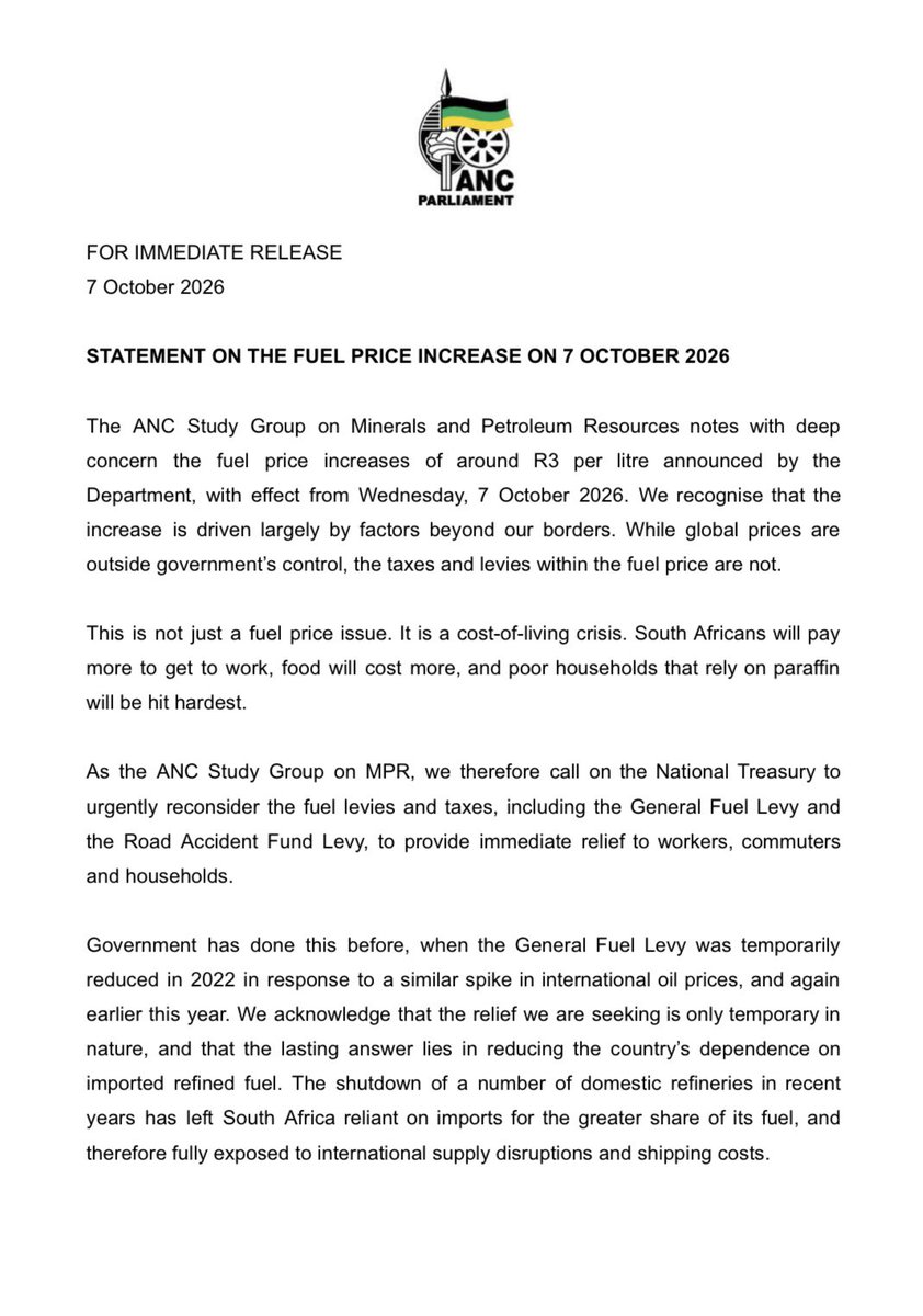 ANCParliament's tweet photo. STATEMENT ON THE FUEL PRICE INCREASE ON 7 OCTOBER 2026 https://t.co/vxSdDB8H4k
