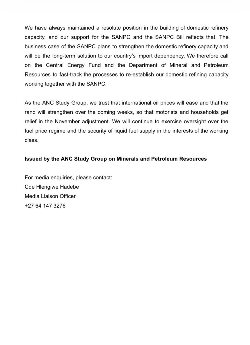 ANCParliament's tweet photo. STATEMENT ON THE FUEL PRICE INCREASE ON 7 OCTOBER 2026 https://t.co/vxSdDB8H4k
