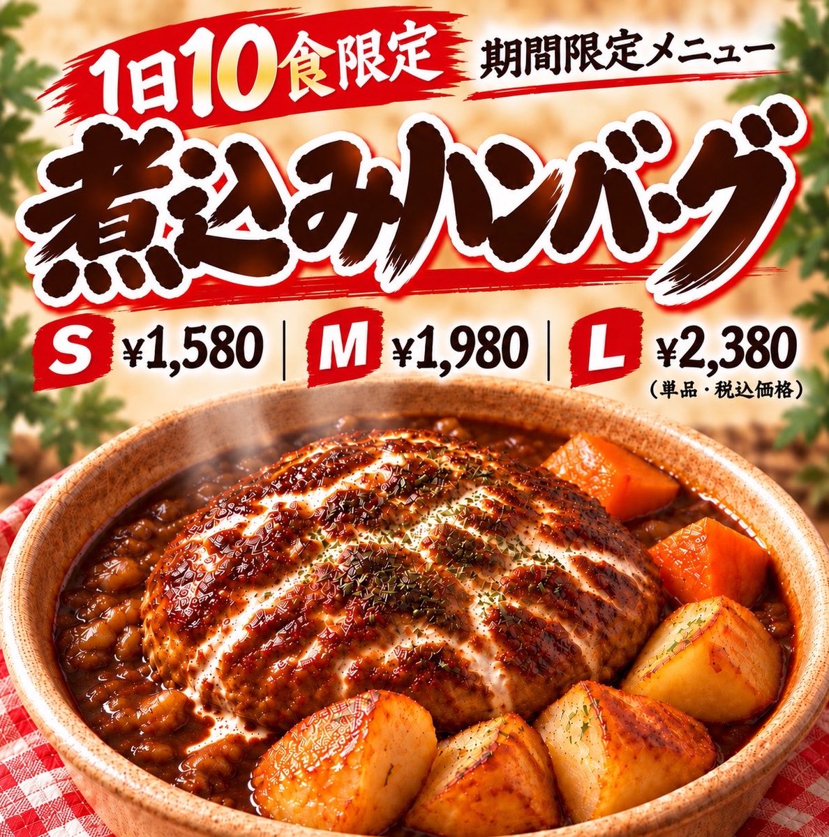 tikibontei's tweet photo. チキボン亭よりお知らせいたします。
今年もチキボン煮込みハンバーグの時期がやってまいりました。チキボンハンバーグを特製ドミグラスソースで煮込んでございます。是非お試しください〜！ https://t.co/EAoUXFcZTi
