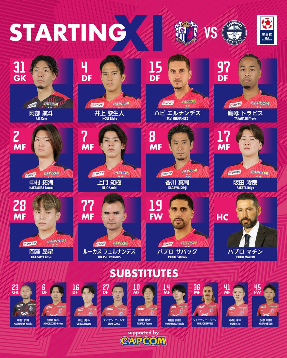 crz_official's tweet photo. 天皇杯 JFA 第106回全日本サッカー選手権大会 3回戦
10/7 18:30 KICK OFF⚽️
#セレッソ大阪 × 鹿児島ユナイテッドFC
🐺🌸STARTING LINEUP🌸🐺
キックオフ迫る！
みなさま熱い応援よろしくお願いします🔥

#カップをピンクに染めよう https://t.co/DhkjfrjPyi