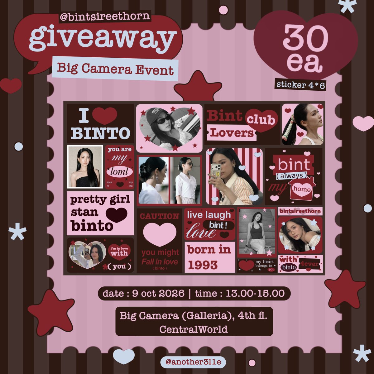 another3l1e's tweet photo. ♡ 𝙋𝙡𝙨 𝙠𝙞𝙣𝙙𝙡𝙮 𝙧𝙩 ♡

꒰ GIVEAWAY — #บะบิ๊นท์มุ้อู๊ดด  ꒱

ꕤ sticker diecut 50% — 30 ea only /✿

✿ date: 9 oct 2026
✿ time: 13:00-16:00
✿ location: Big Camera (Galleria), 4th fl. Central world

#bintsireethorn #ไอ้ทองของแม่ครู #thongsbaby https://t.co/8wiWoQ32e0