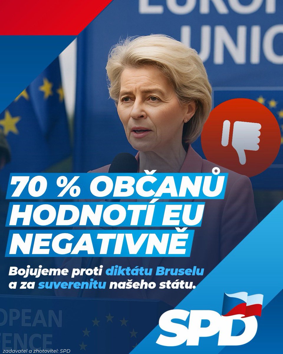 tomio_cz's tweet photo. Brusel čelí hluboké krizi důvěry. 🇪🇺🙉 70 % dotázaných napříč Evropou vidí EU negativně. Téměř 70 procent účastníků rozsáhlého evropského průzkumu hodnotí Evropskou unii negativně a mluví o všeobecném úpadku nebo ztrátě normality. Skepticismus je zvlášť silný ve Francii, Německu a Itálii. Pouze 12 procent respondentů naopak vidí známky „evropského probuzení“ a nové dynamiky. Píše o tom například německý deník Die Welt a u nás Echo24. 

🇨🇿I proto SPD bojuje proti diktátu Bruselu a za návrat suverénních práv našeho státu, protože demokracie nemůže fungovat na úrovni EU, ale pouze v národním státu, který má svůj politický národ (neboli lid-démos).

➡Zmíněná data pochází z průzkumu think-tanku European Council on Foreign Relations (ECFR) a nadace European Cultural Foundation (ECF), který je založen na téměř šesti tisících rozhovorech v Německu, Francii, Itálii, Polsku, Nizozemsku a Velké Británii.

 #eu