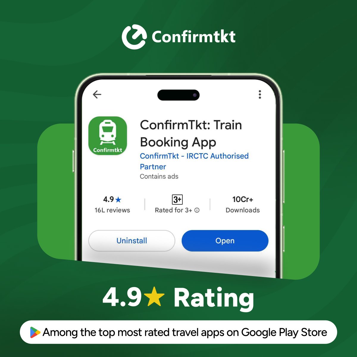 ConfirmTKT's tweet photo. 4.9★ looks good on us 👀💚

It means even more because it comes from the people who choose to travel with us every day.  

Thank you for the trust.

Here’s to earning every next star, one journey at a time 🚆

#ConfirmTkt #GooglePlay #TrainTravel https://t.co/4Q0AOA70is