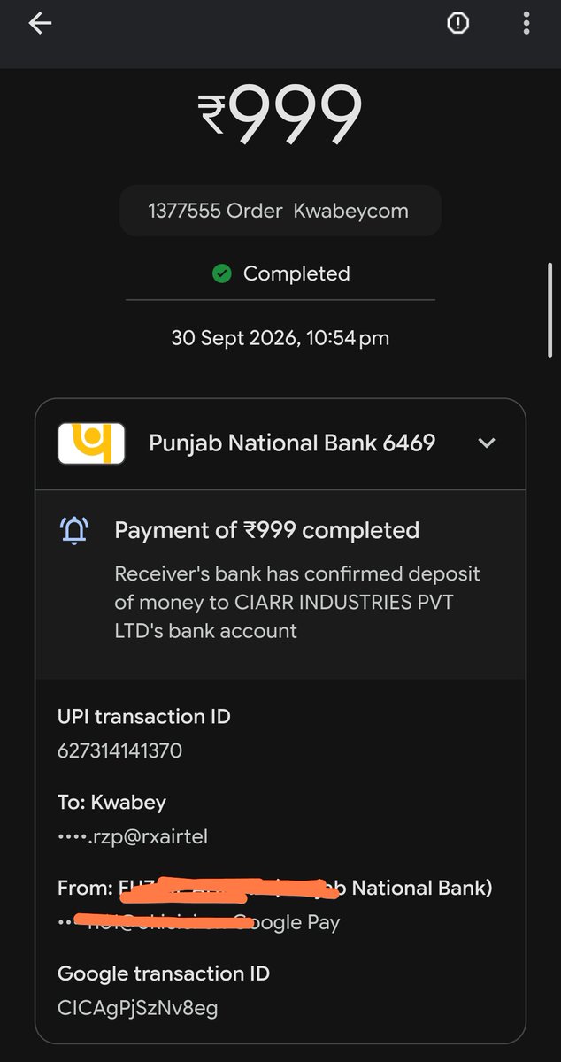 DammyJam's tweet photo. @Razorpay @NCH1915 Kwabey took ₹999 for Order #1377555 . No delivery, no updates, no response from support.

Either provide a valid update or refund the money immediately. This feels like a scam, do look into their company.

@jagograhakjago 

#Kwabey #Consumercourt https://t.co/tfc8FrdRsZ